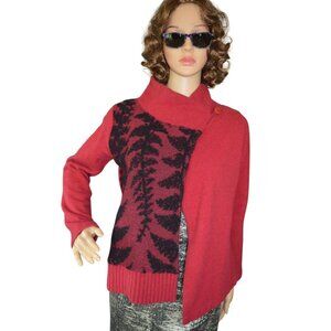 Vintage 90s Ecology Asymmetrical Cardigan Merino Angora Red Black Women Size XS